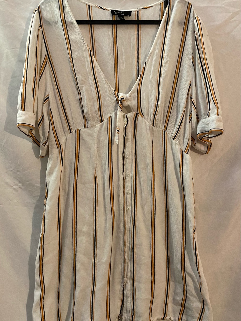 Jessica Simpson Cream Striped Button-Front Dress with Mustard & Black Lines XL.